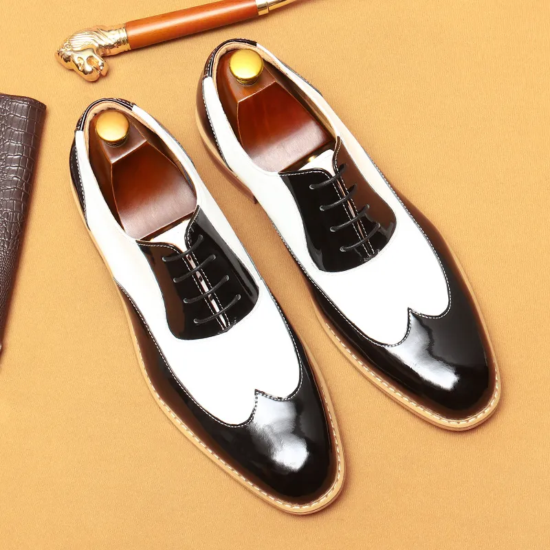 Color misto branco mens em patente formal italiano preto genuíno de casamento de couro de moda oxfords sapatos man 841