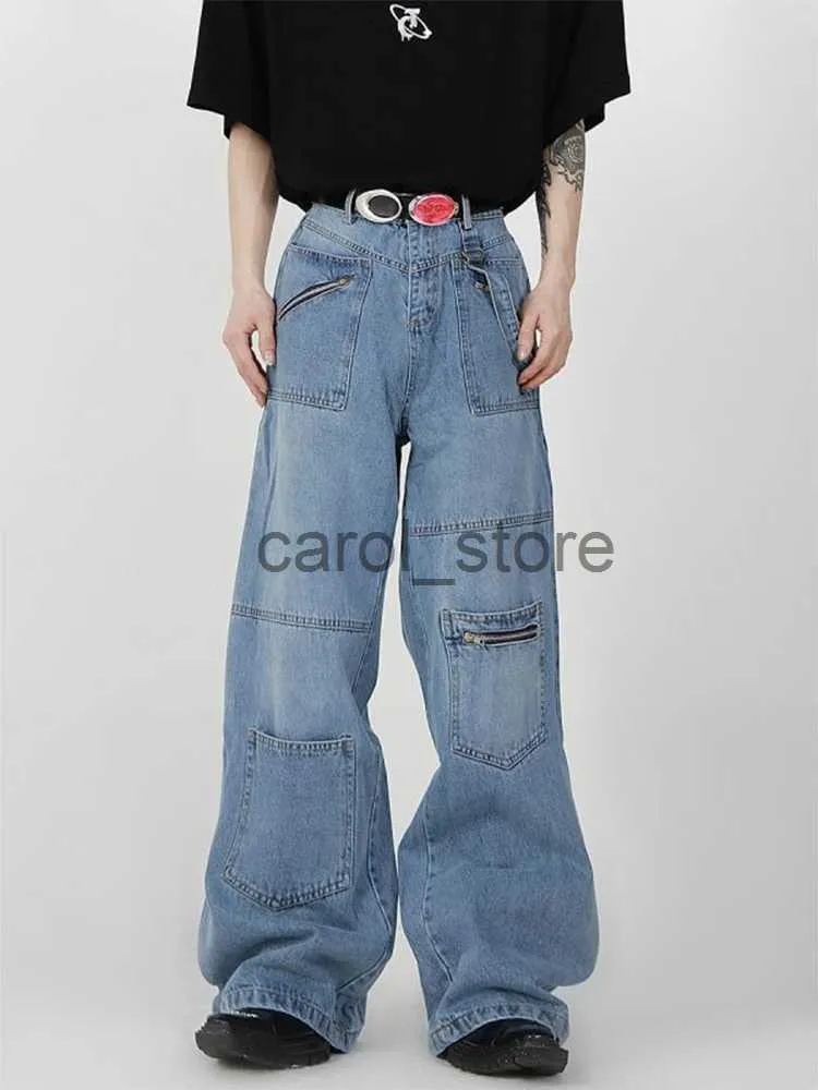 Men's Jeans HOUZHOU Baggy Cargo Jeans Men Denim Wide Leg Trousers Male Oversize Casual Streetwear Hip Hop Pocket Zipper Safari Style J230806