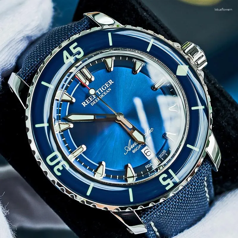 Relojes de pulsera Reef Tiger/RT, relojes de buceo para Hombre, esfera azul dorada, superluminosa, analógico, automático, Reloj para Hombre RGA3035