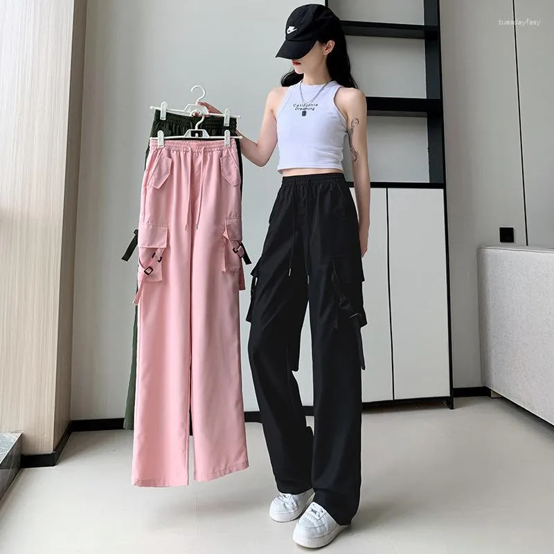 Calças Femininas Streetwear Summer Cargo Feminino Solto Múltiplos Bolsos Reto Jovem Senhora Fino Cintura Elástica Calça Casual Rosa