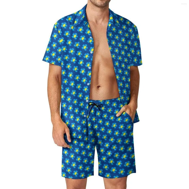 Herren-Trainingsanzüge, blaue und gelbe Gänseblümchen-Männer-Sets, Vintage-Blumen-Freizeithemd-Set, Hawaii-Beachwear-Shorts, Sommer-Design-Anzug, zweiteilig