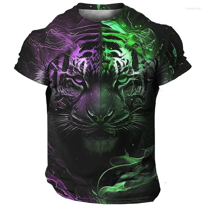 Camisetas masculinas com estampa de tigre de alta qualidade 3D animal Harajuku roupas de rua moda casual decote em O manga curta blusa grande