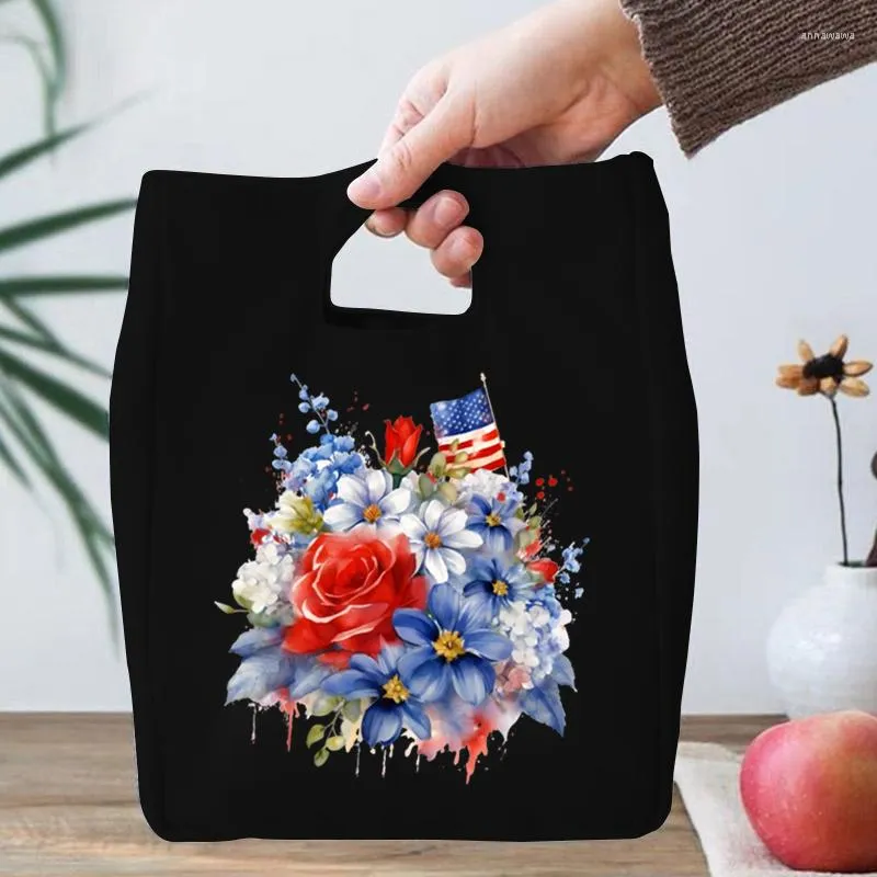 Shopping Bags Vintage Flower Lunch American Flag Tote Portable Thermal Foods Bag Watercolor Style Canvas Women Men