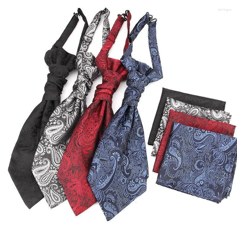 Bow Ties Veektie Brand Old Fashion Ascot Pocket Square Set för män Paisley Jacquard Solid Colors Classic Red Black Blue White Floral