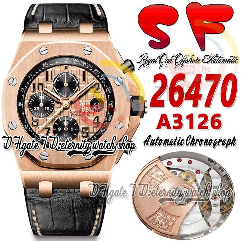 SF jjf26470 A3126 Chronograph Automatic Mens Watch 42mm Rose Gold Steel Case Champagne Textured Dial Leather Strap With Yellow line Super Edition eternity Watches