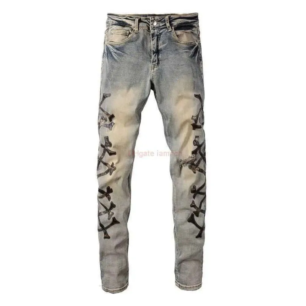 Roupas de grife Amires Jeans Calça jeans Amies High Street Camuflagem Osso com faca de couro Orifícios cortados lavados em jeans velhos Homens 496