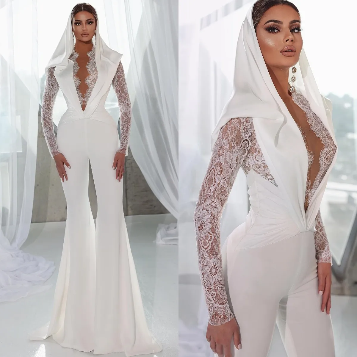 Elegante tuta musulmana Abiti da sposa Pizzo scollo a V Maniche lunghe Tute da sposa in raso Pieghe Abiti da sposa lunghi firmati Sweep Train