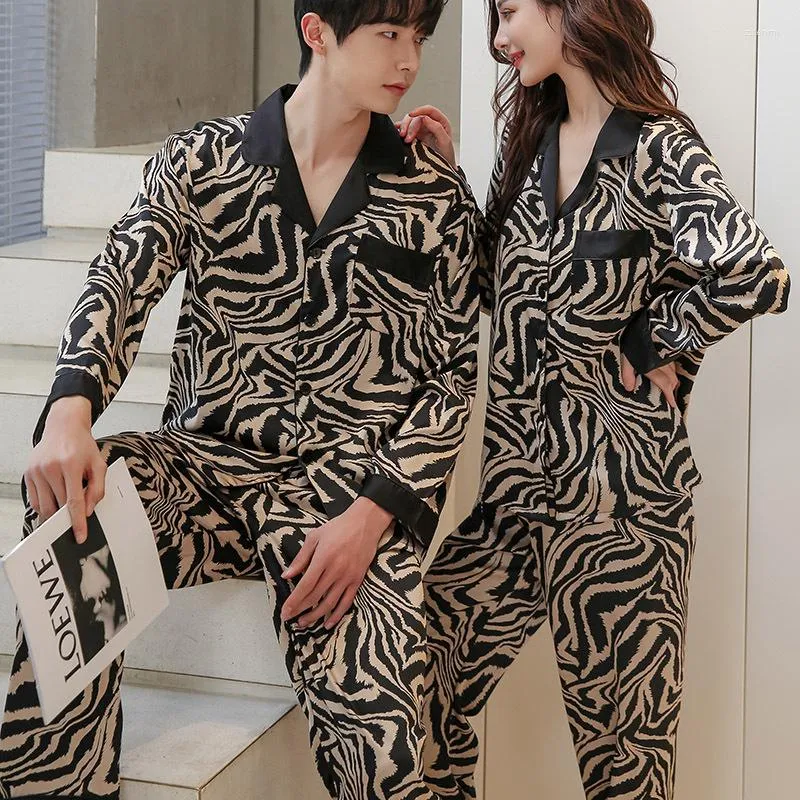 Vêtements de nuit pour femmes Couple printemps été pyjamas ensemble imprimé léopard 2 pièces à manches longues chemise pantalon amoureux ample sommeil costume pyjamas