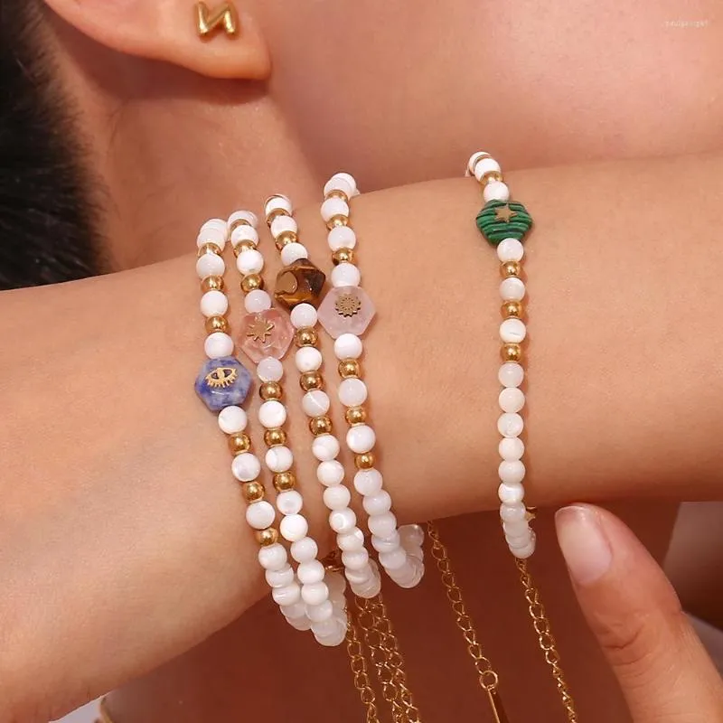 Strand 316L Roestvrij Staal Wit Shell Kraal Zeshoekige Natuursteen Armband Voor Vrouwen Meisje Mode-sieraden Gift Party