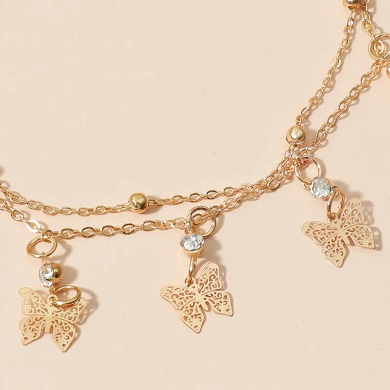 Charme or strass papillon pendentif cheville Bracelet Double couche pied chaîne pour femmes été plage bijoux accessoires