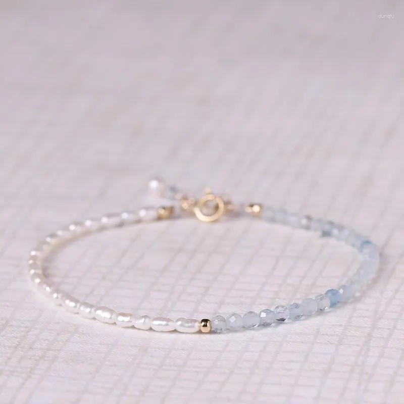 Braccialetti con ciondoli Minar Trend Rame placcato oro 14 carati Vera perla d'acqua dolce Colore blu Pietra naturale Filo di perline per le donne