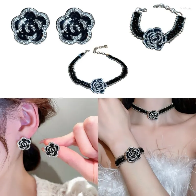 Gerdanlık moda camellia çiçek bilezik kadın siyah kristal zincir bileklikler bilezik küpe kolye düğünler parti takı t8de