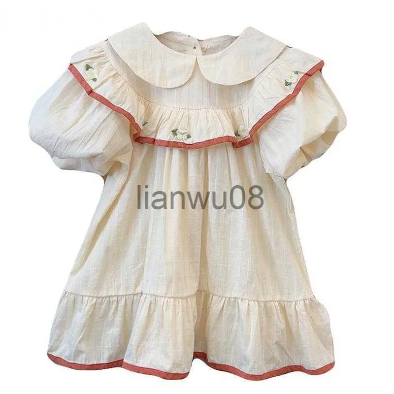 Vestidos de menina estilo coreano roupas infantis 2023 verão bonito curto gola de boneca algodão crianças meninas vestido de princesa roupas de bebê x0806