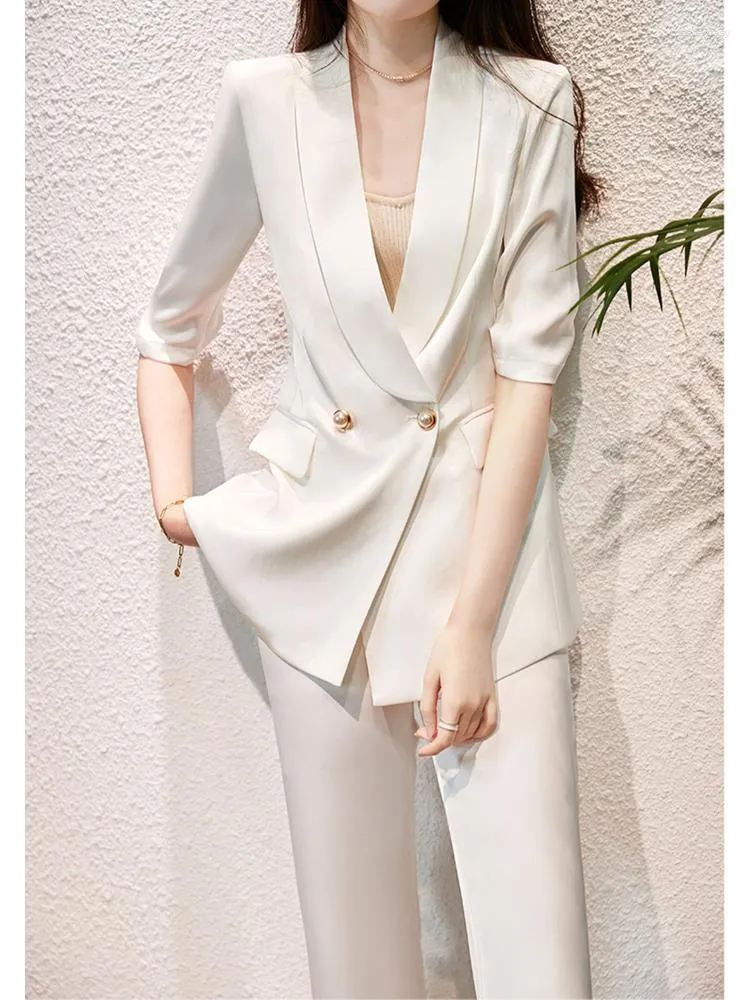 Kvinnors tvåbitar byxor Kvinnor Summer Casual Elegant Blazer Pieces Set Vintage Chic White Suit Jacket Straight Pantsuit Female Korean Fashion