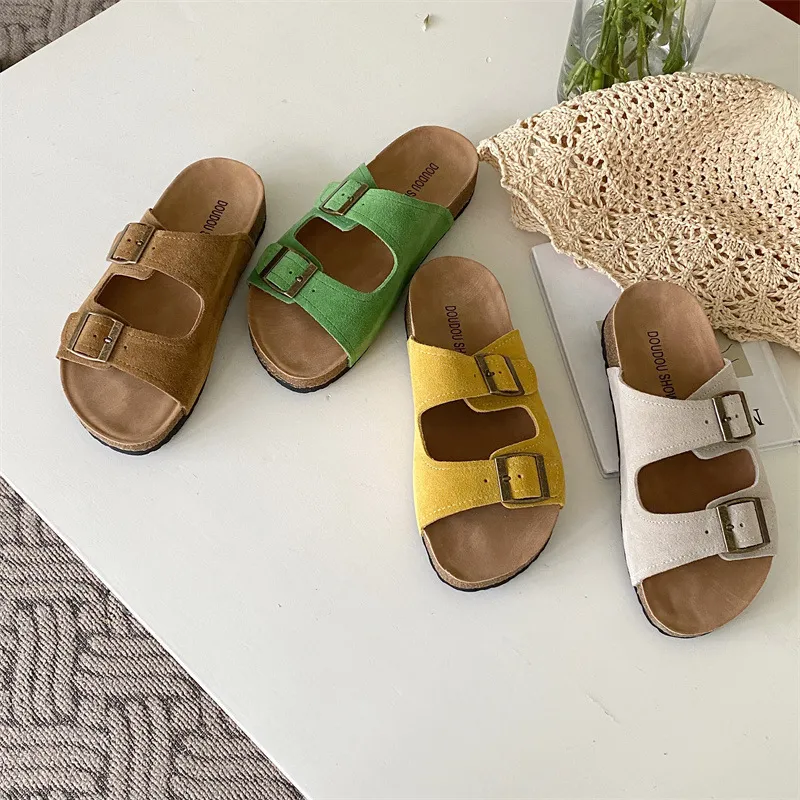 Sandaler Summer Women's Two Buckle Cork Tisters Cow Suede Leather Flats Sandaler för kvinnor Retro Fashion Garden Mule Clog Slides 230804