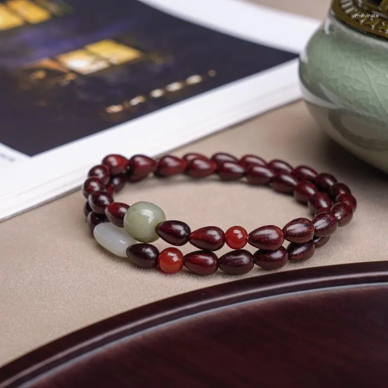 Bracelet Double cercle en perles de goutte d'eau sculptées en palissandre antique avec Hetian Jade en bois chinois