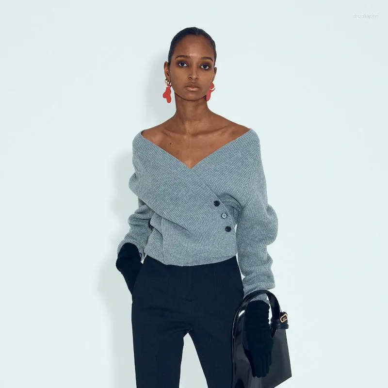 Kvinnors stickor EOS Recto Drop Shoulder Cardigan Gray Sweater Spring 2023 Asymmetric Wrap Design Wool V-Neck stickad