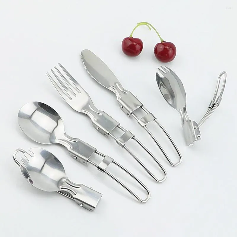 Dinnerware Sets Foldable Camping Salad Spoon Fork Knives Utensil Picnic Flatware Set Stainless-Steel Tableware Outdoor Cooking Travel Tools