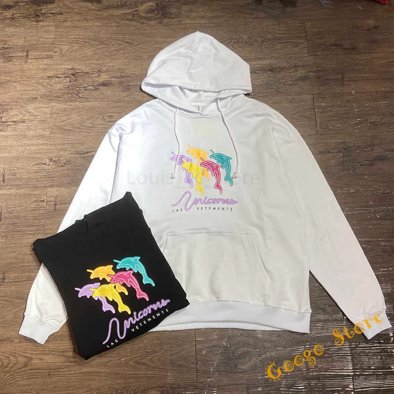 Unicorn Dolphin Printing Mönster VTM Hoodies Män kvinnor Högkvalitativa mode Svartvita huva tröjor T230806