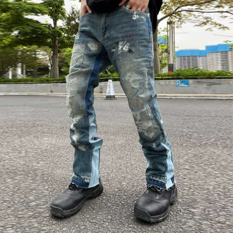 High Street Retro Ink Splash Patchwork Ripped Jeans Flare Pants Men and Women Straight Casual Oversized Loose Denim Trousers T230806