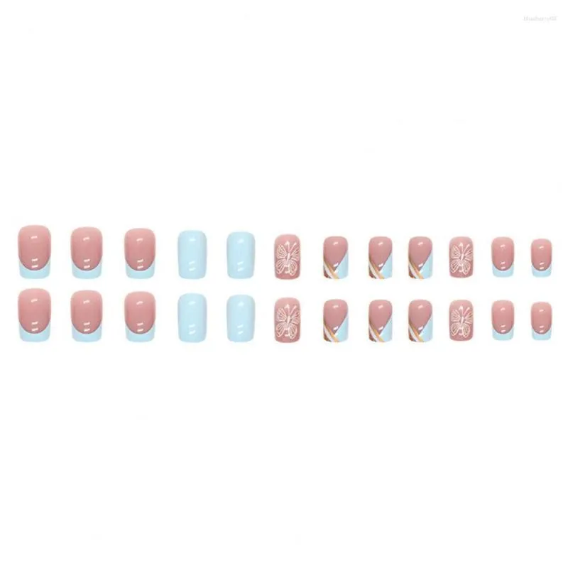 Faux ongles 24 pièces détachables bleu clair français ligne dorée Silhouette amovible longue durée Nail Art autocollants pour bricolage