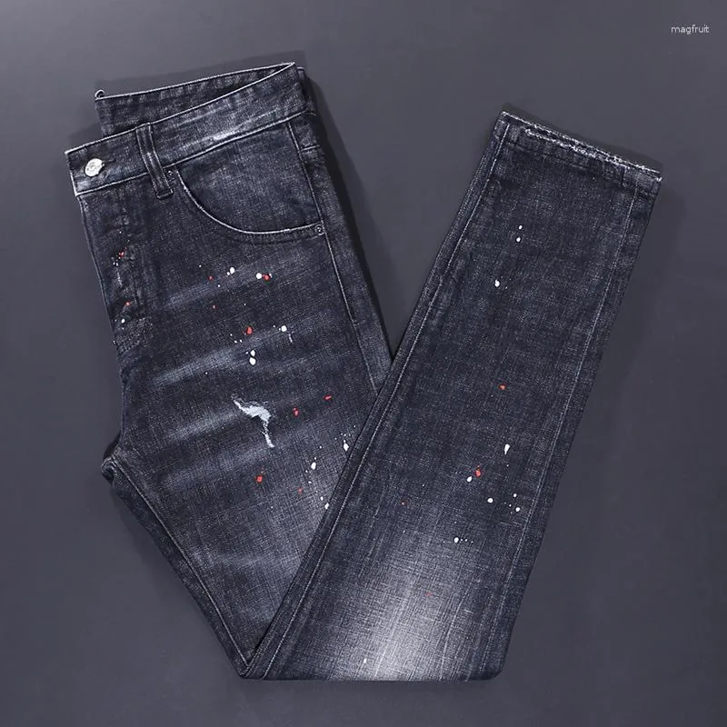 Männer Jeans High Street Fashion Männer Retro Schwarz Grau Elastische Zerrissene Knöpfe Hosen Gemalt Designer Hip Hop Marke Hosen