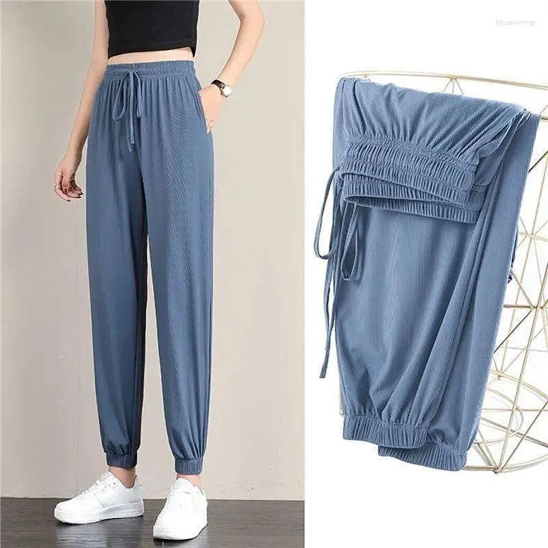 Pantaloni da donna di grandi dimensioni in seta di ghiaccio a gamba larga Bloomers estate sottile drappo sciolto dritto casual studente sport pantaloni della tuta cool