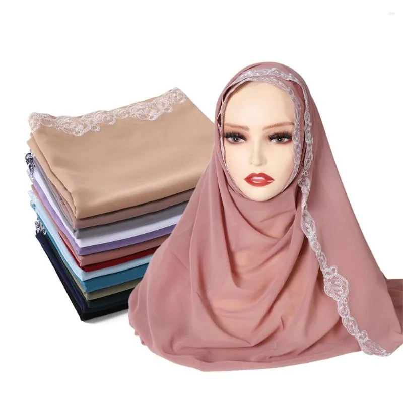 Foulards Lady's Style Perle Mousseline Avec Aiguille Dentelle Foulard Haute Qualité Solide Écharpe Bandeau Hijabs Doux Musulman Pashmina Jersey