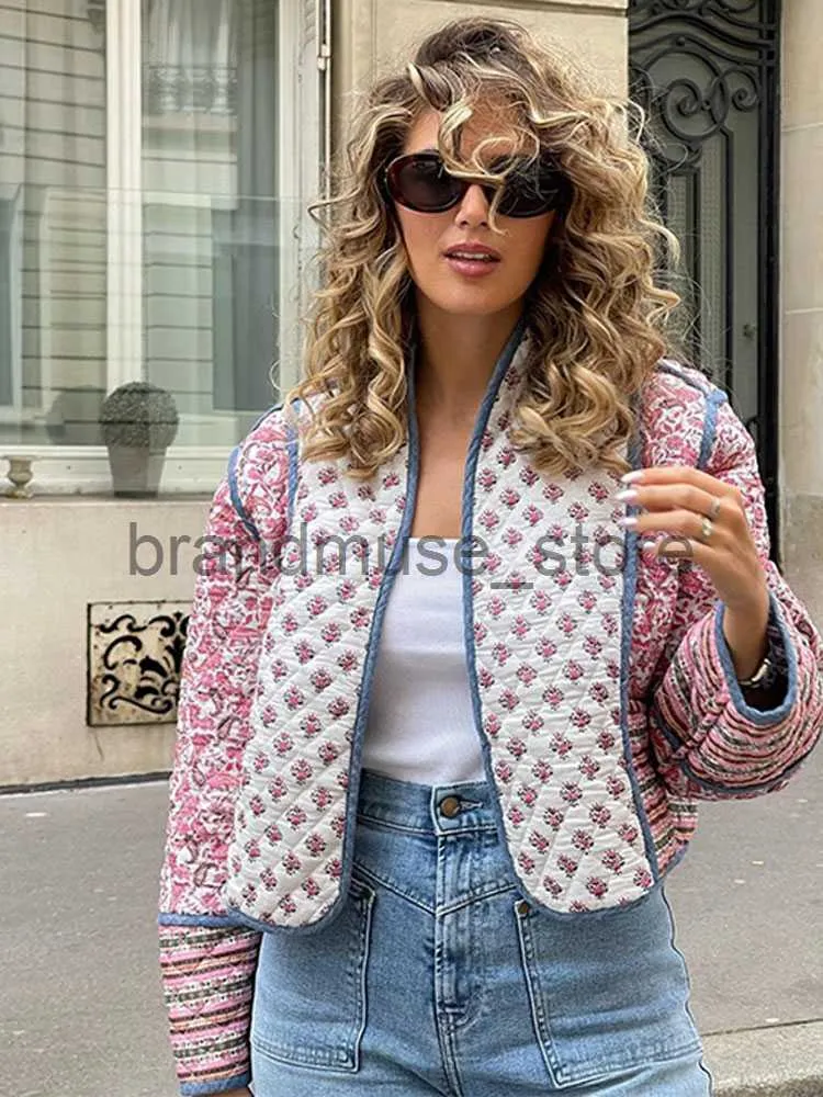 Women's Jackets Printed Quilted Reversible Cotton Coat for Women Long Sleeve Open Front O-Neck Jacket 2023 Autumn Lady Casual Holiday Streetwear J230806