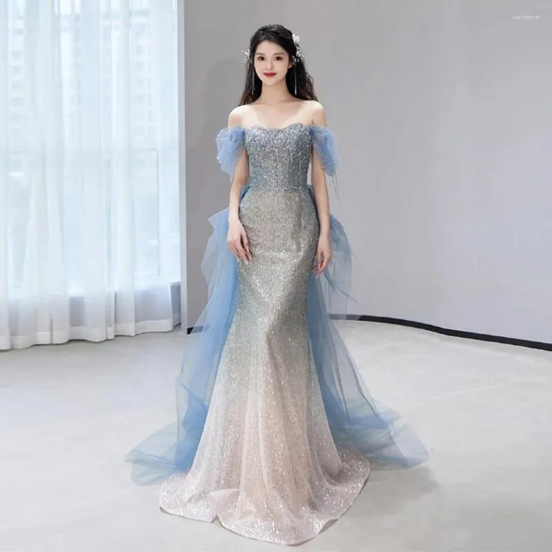 Runway Dresses Blue Strapless Luxury Celebrity Off the Shoulder Sleeveless golvlängd Mermaid Sequin Formal Party Prom Gown