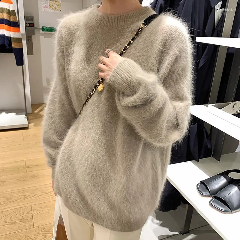 Pulls pour femmes de haute qualité femmes doux Mohair pulls tricotés mode automne hiver col rond bleu clair femme pull ample paresseux