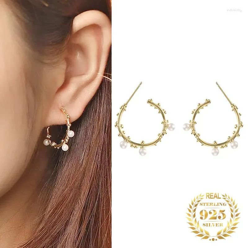 Hoopörhängen Korean Real Sterling Silver 925 Huggie Pearl Bead Stud Drop For Women Elegant Gold Plated Fine Jewelry Gift