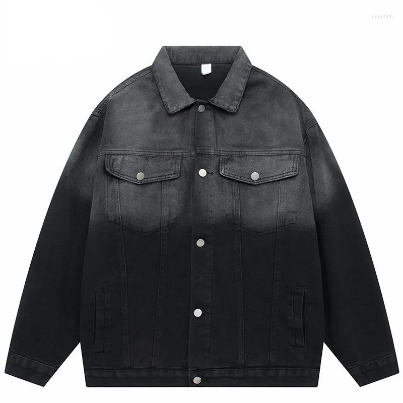 Men's Jackets Men Streetwear Vintage Denim Jacket Gradient Color Jeans Harajuku 2023 Retro Loose Bomber Coat Cotton Black Pink