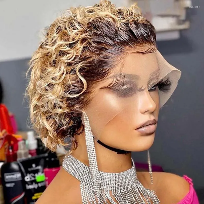 짧은 Bob Curly Pixie Cut Wig Colored 613 Deep Wave Human Hair Wigs Brazilian 180 Denstiy Wet and Wavy Lace for Women