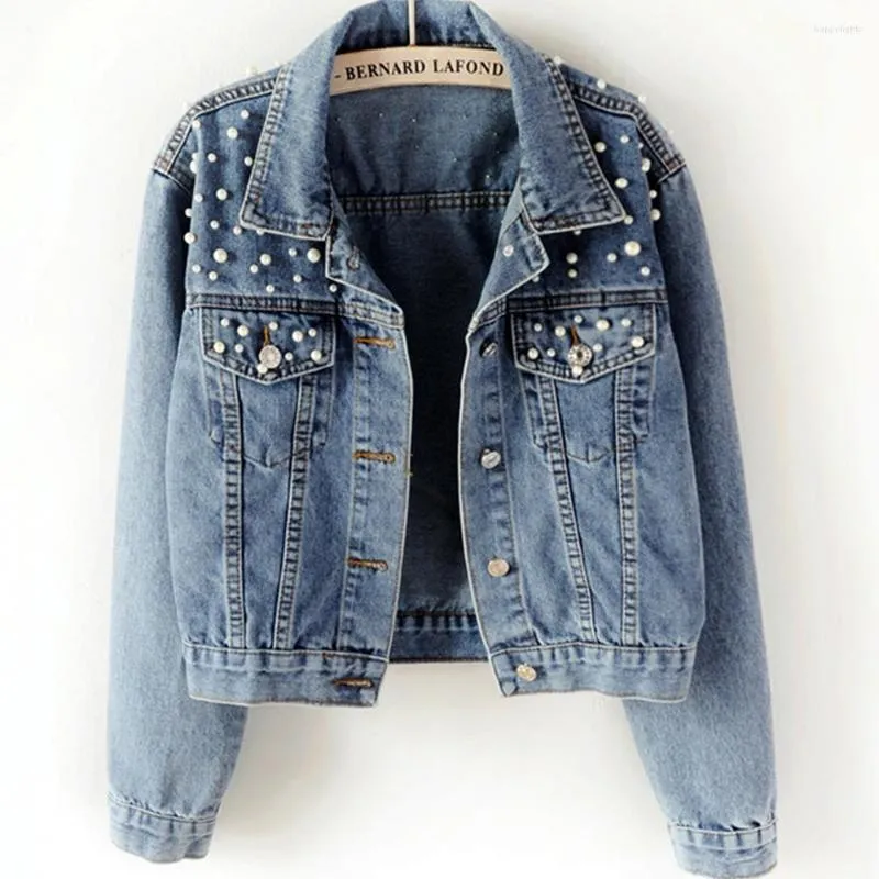 Kvinnors jackor 2023 Vintage Pearl Beading Short Denim Women Blue Wash Long Sleeve Casual Jean Jacket Bomber Plus Size Coat