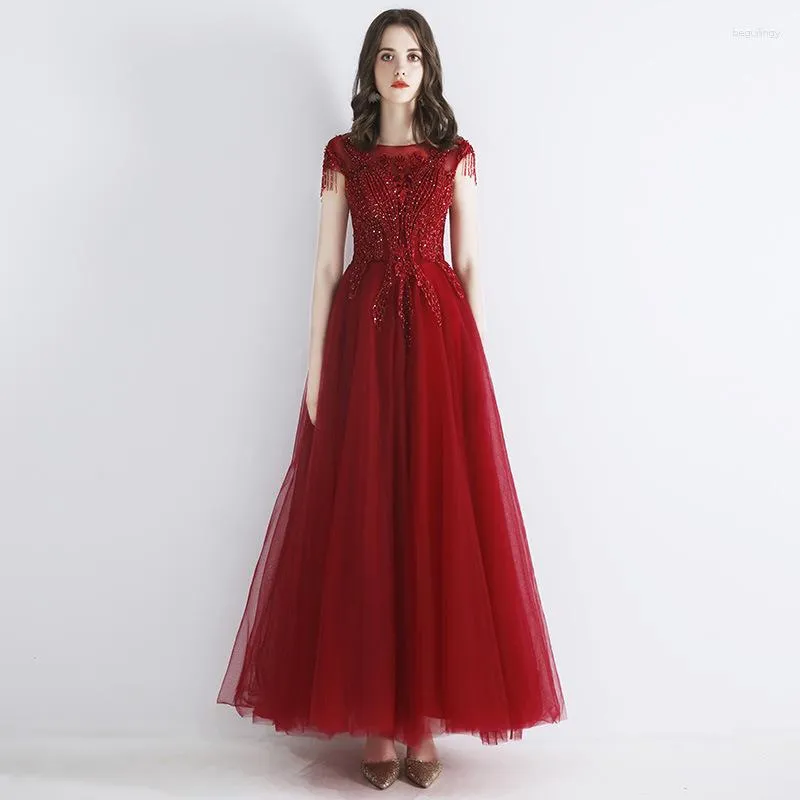 Vêtements ethniques Femmes Élégantes Perles Paillettes Longue Robe De Soirée De Mariage Mariée Bordeaux A-ligne Toast