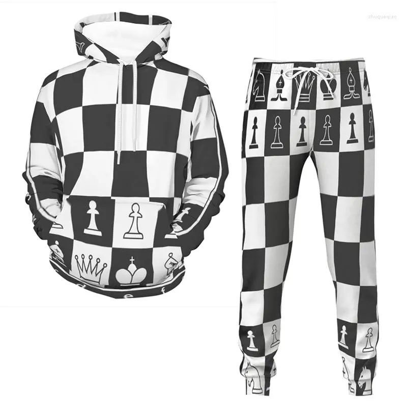 Tute da uomo Chess Set di tute stampate in 3D Pantaloni con cappuccio casual Pantaloni 2 pezzi Pullover oversize Streetwear Primavera Autunno Abbigliamento uomo