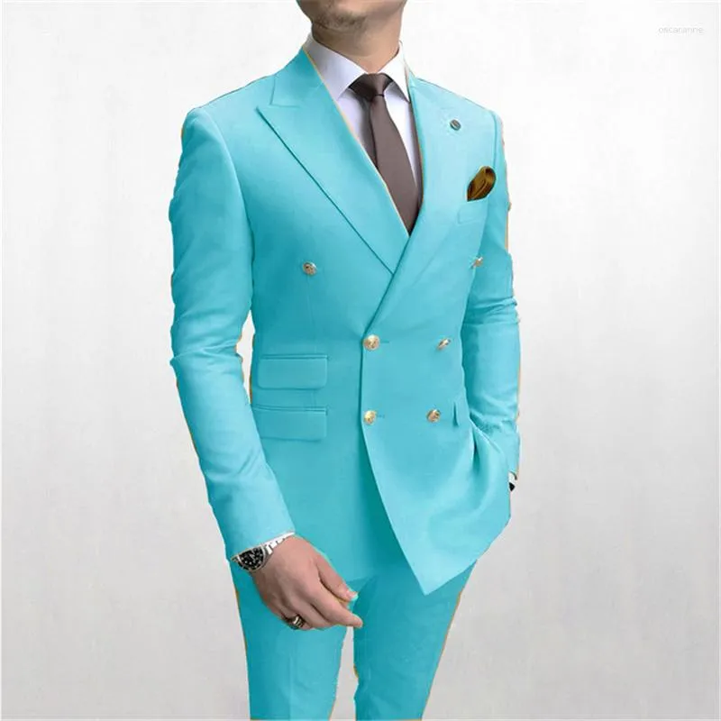 Herrdräkter Casual Mint Double-Breasted Wedding Suit for Mens 2023 Custom Made Prom Groom Male 2 Piece Set Tuxedos (Jacket Pants)