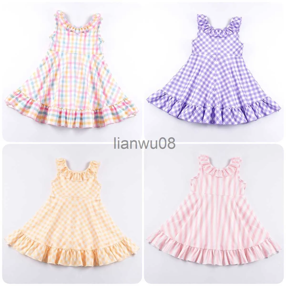 Flickans klänningar Girlymax Summer Easter Baby Girls Color Plaid Stripe Twirl Dress Boutique Clothes Milk Silk Ruffles Knäslängd ärmlös X0806