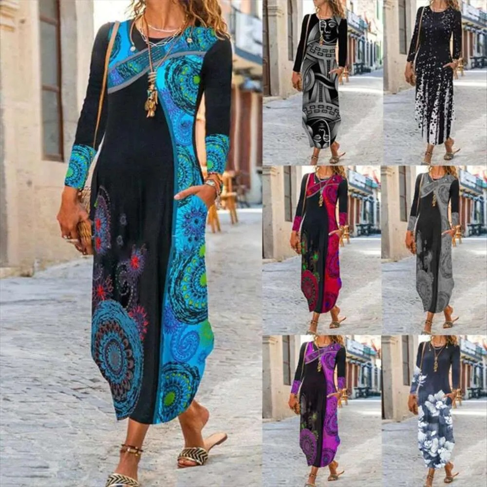 Säljer Autumn Winter Womens Clothing National Style Print långärmad klänning
