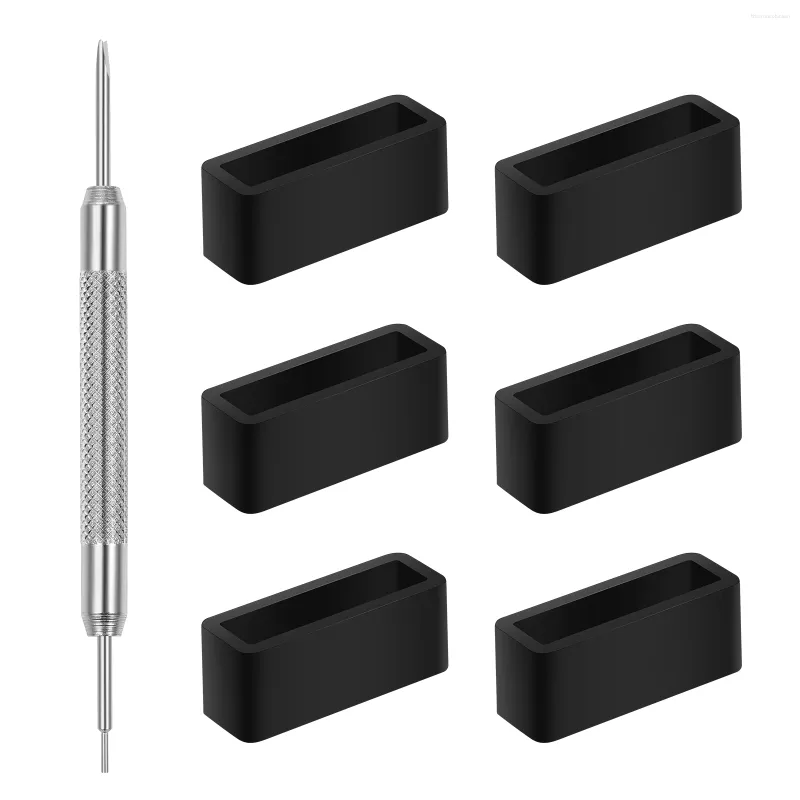 Kits de réparation de montres UKCOCO 6 PCS Bracelet en silicone Bandes Keeper Holder Retainer With Tool (Noir Diamètre 22mm)