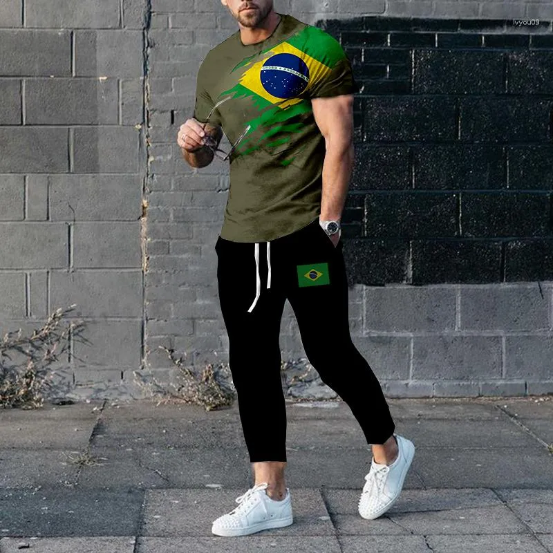 Men's Tracksuits Brazil Flag 3D Print Men T-shirt Pants Tracksuit T Shirts Trousers Sets 2 Pieces Summer Streetwear Oversized Suit