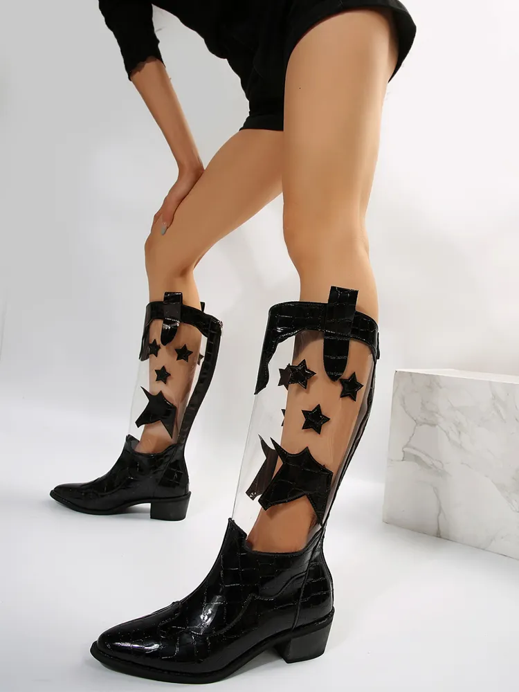 Buty Pvc przezroczyste kolano wysokie buty rycerza kobieta szykowna punkt stóp stary patch zachodnie botas ladies luksusowy projekt marki buty jednorożce 230804