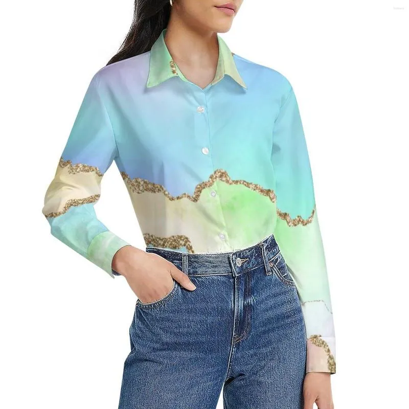 Blusas de mujer Blusa con textura metálica Estampado de mármol Cool Custom Mujer Camisas de estilo callejero de manga larga Ropa de gran tamaño de otoño