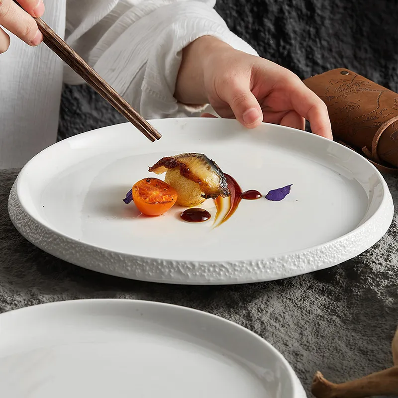 Matte Ceramic Dinner Plate Dishes White Round Spaghetti Pasta Fruit Dessert Steak Sushi Flat Serving Side Plate Restaurant Tableware