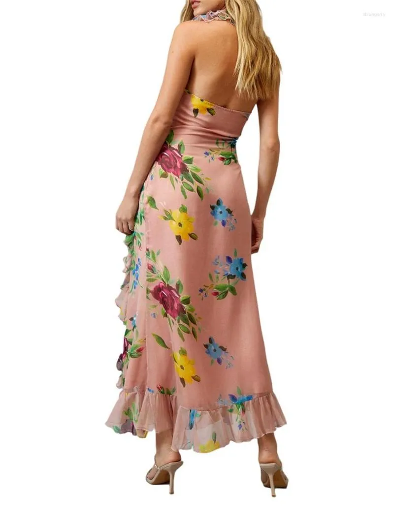 Robes Décontractées Femmes Vintage Floral Print Boho Halter Dress Avec Ourlet À Volants Et Split Long Bodycon Fit - Tenue D'été Parfaite