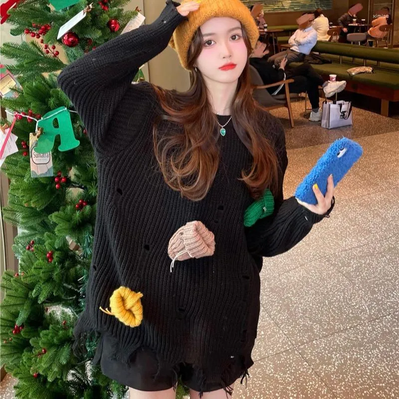 여성 스웨터 3 차원 캡 게으른 디자인 감각 구멍 긴팔 스웨터 여성의 한국 버전