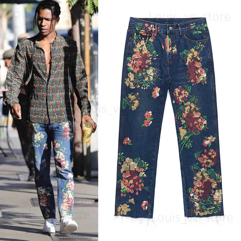 High Street Hand Painted Floral Jeans Mens Mens rak överdimensionerade retro casual denim byxor Löst tvättade rippade jeanbyxor T230806