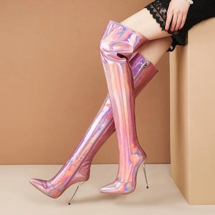 أحذية مثير الفخذ عالي الأحذية الخنجر الكعب المنصة أحذية لامعة كبيرة الحجم 34-45 Pink Gold Women's Over The Knee Boots Party Shoes 230804