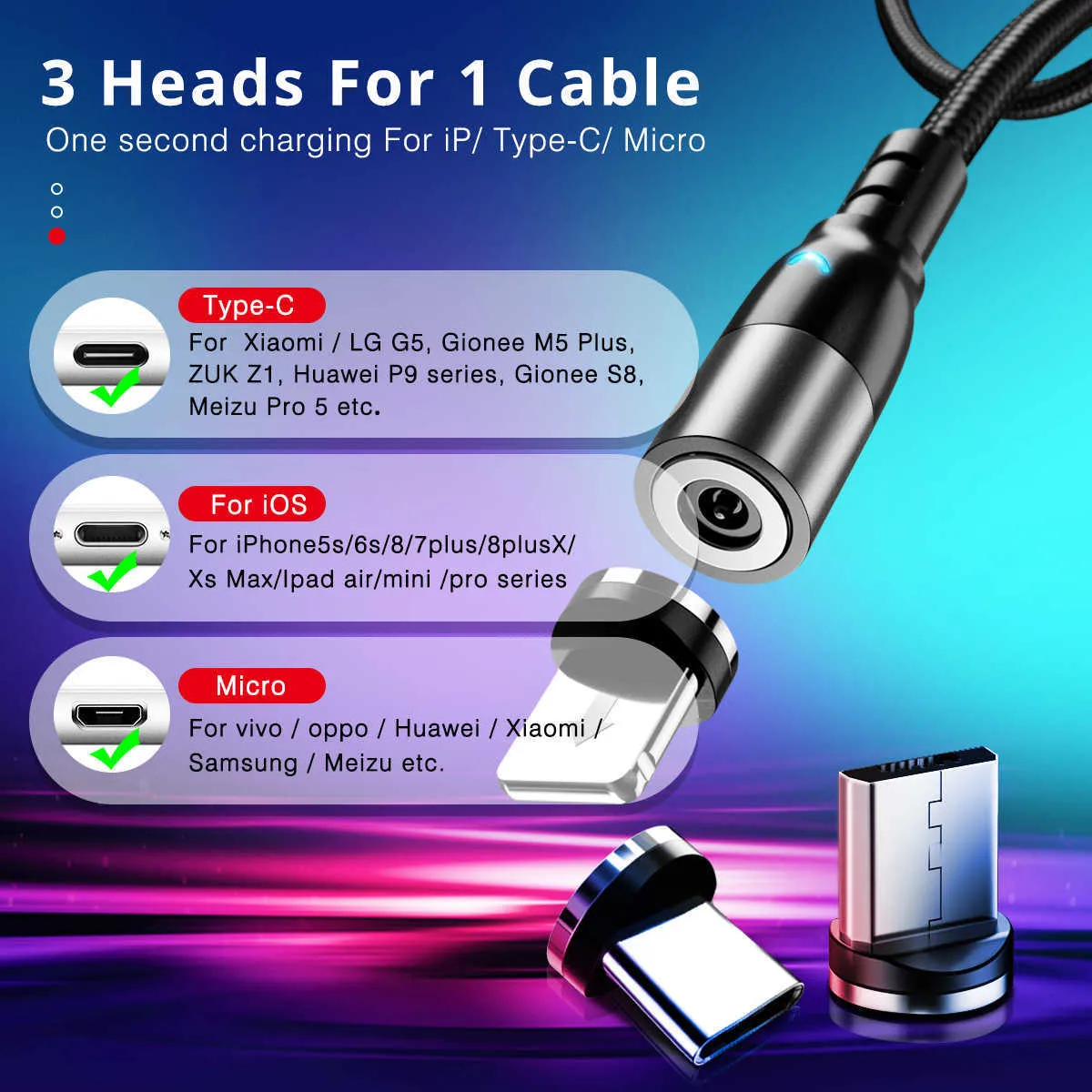Cable de carga rápida magnético 3 en 1 Micro USB tipo C para Android iPhone